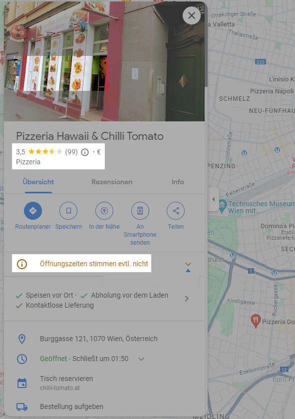 Ein negatives Beispiel für einen ungepflegten Google Unternehmensprofils. Die Pizzeria Hawaii & Chilli Tomato hat viele negative Bewertungen und deshalb nur 3,5 Sterne. Die Öffnungszeiten stimmen nicht.